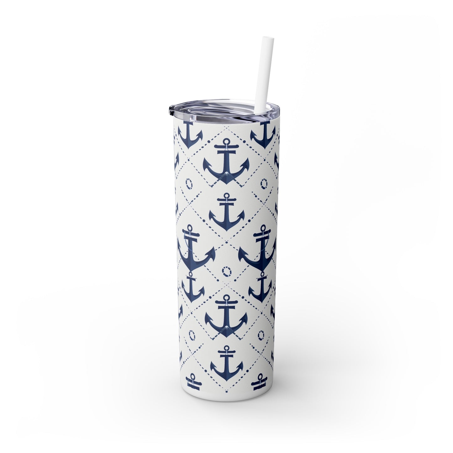 Stainless Steel Tumbler with Lid & Straw, 20 oz (Nautical Navy Anchors) Double-walled, Keeps Drinks Hot or Cold