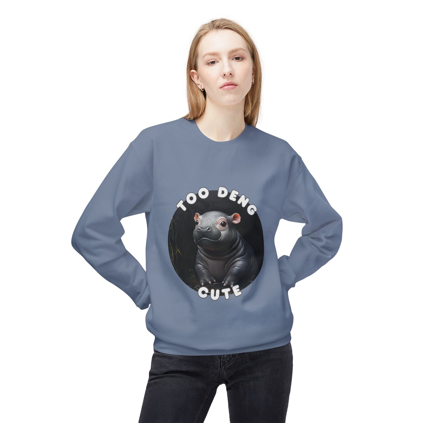 Unisex Fleece Crewneck Sweatshirt - Too Deng Cute Moo Deng Hippo, Cozy Cotton Blend, Classic Relaxed Fit