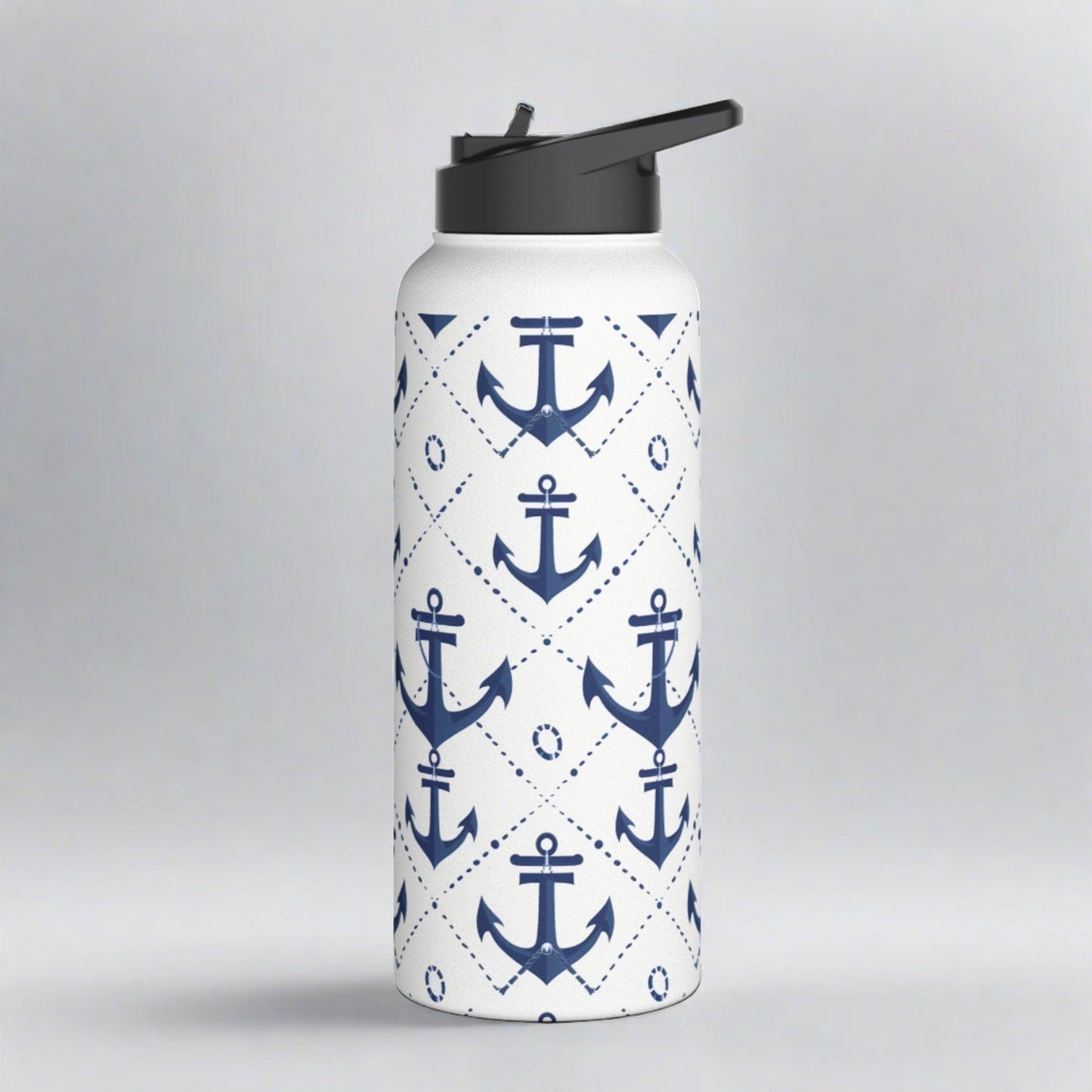 Stainless Steel Water Bottle Thermos, 32oz, Nautical Anchors - Double Wall Insulation Keeps Drinks Hot or Cold