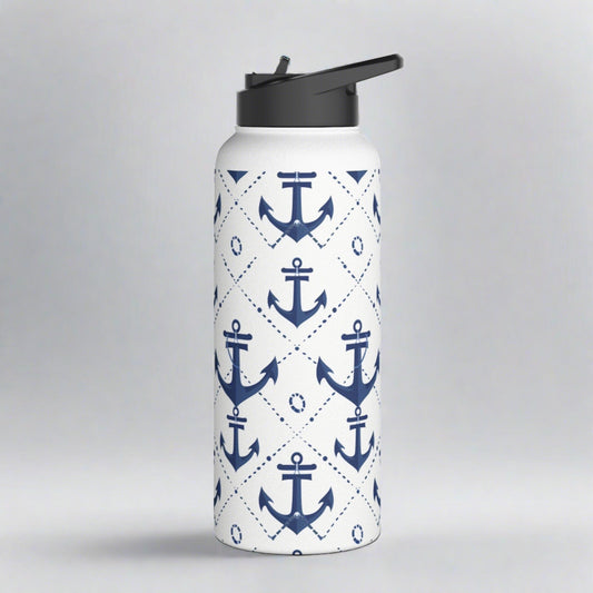 Stainless Steel Water Bottle Thermos, 32oz, Nautical Anchors - Double Wall Insulation Keeps Drinks Hot or Cold