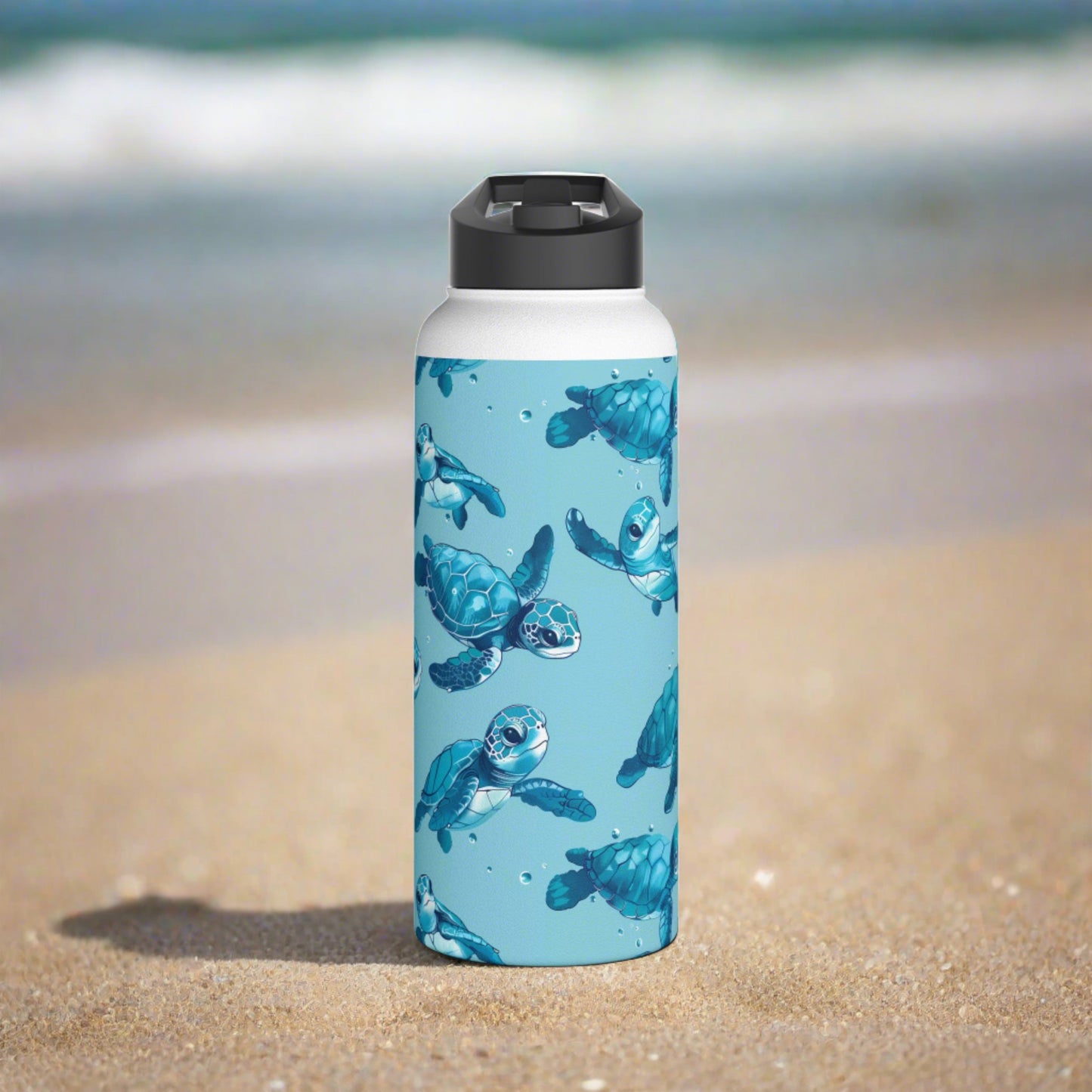 Stainless Steel Water Bottle Thermos, 32oz, Cute Baby Sea Turtles - Double Wall Insulation Keeps Drinks Hot or Cold