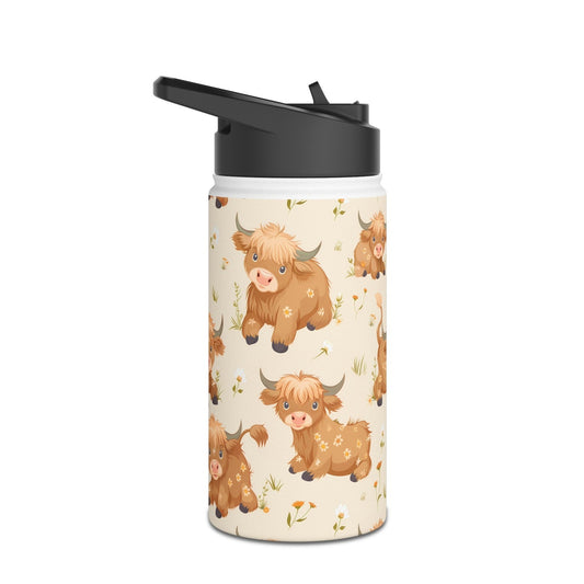 Insulated Water Bottle, 12oz, Cute Highland Cow - Double Walled Stainless Steel Thermos, Keeps Drinks Hot or Cold