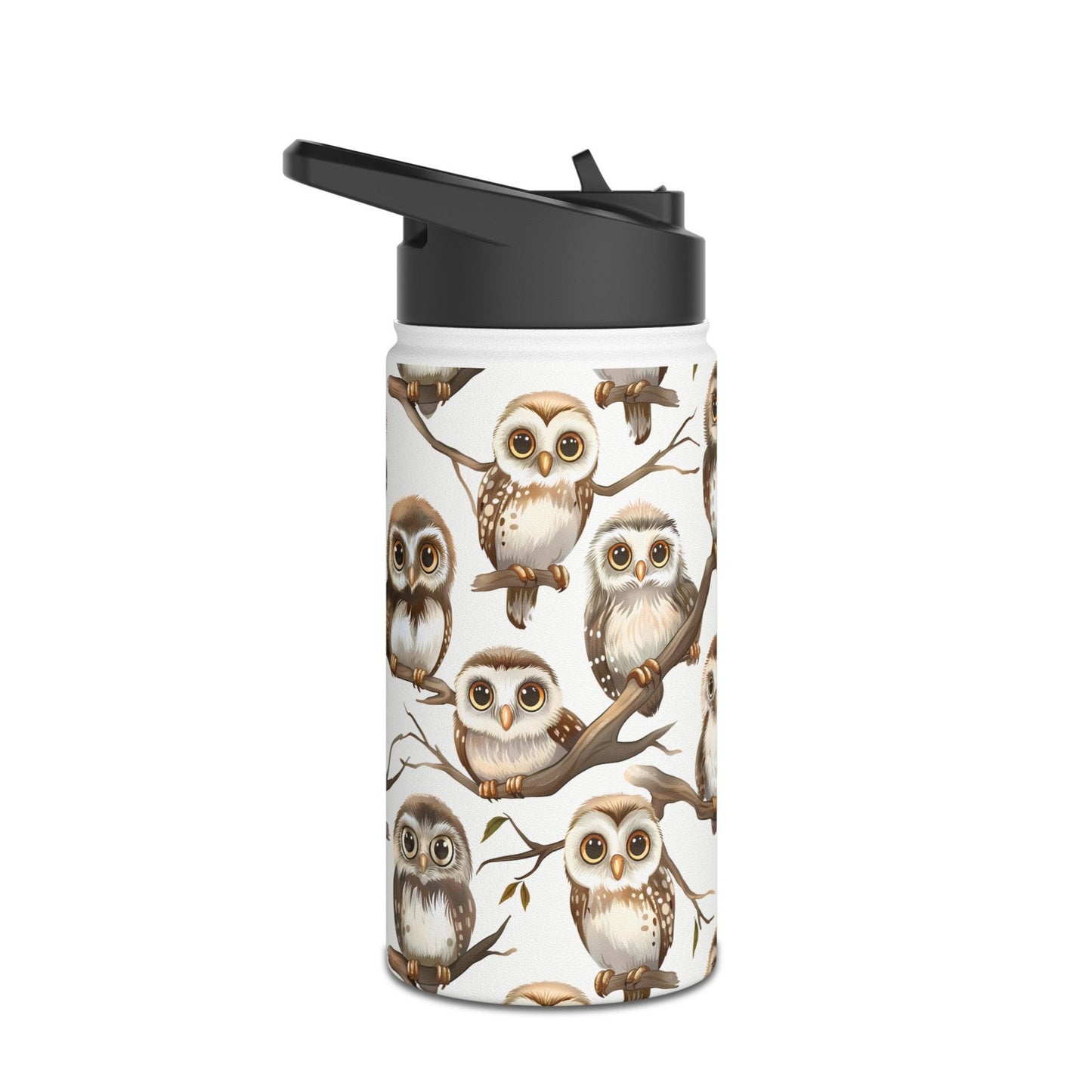 Insulated Water Bottle, 12oz, Cute Owlets - Double Walled Stainless Steel Thermos, Keeps Drinks Hot or Cold