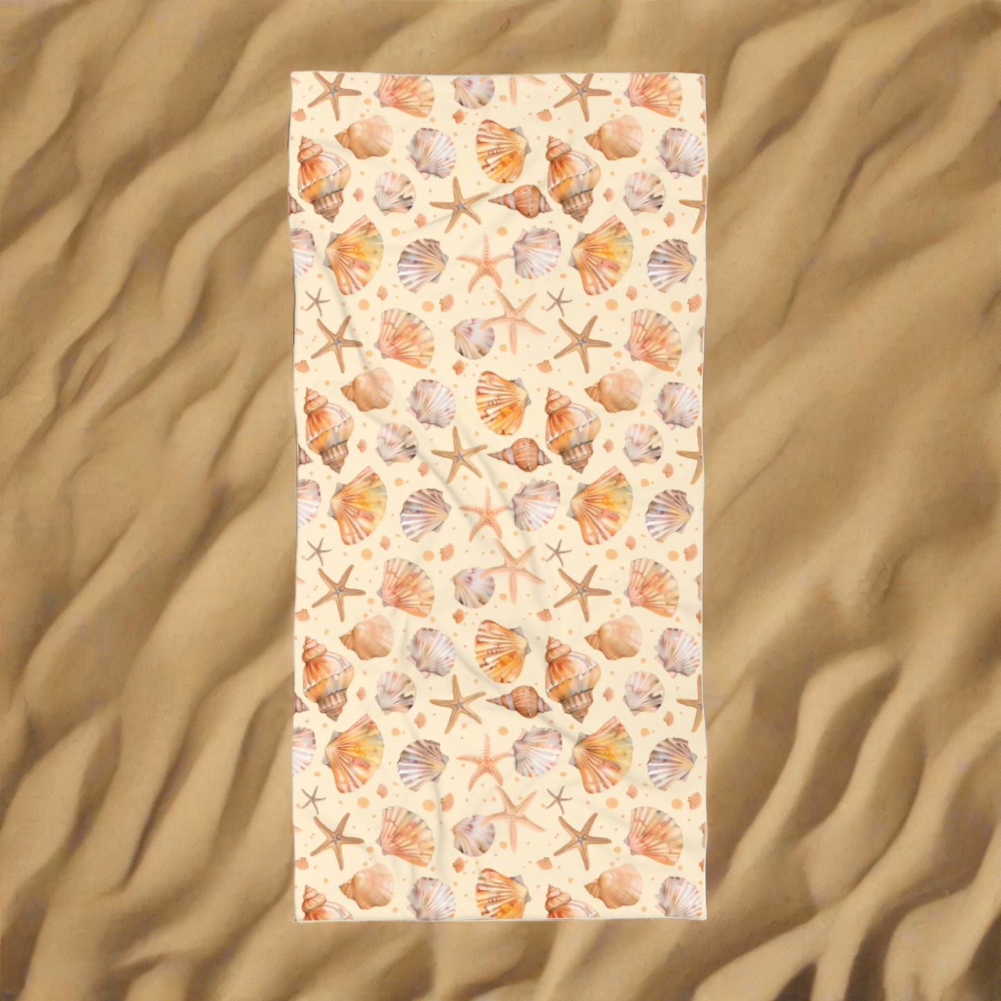 Oversized Microfiber Beach Towel with Seashells & Starfish Watercolor Design (36" × 72")