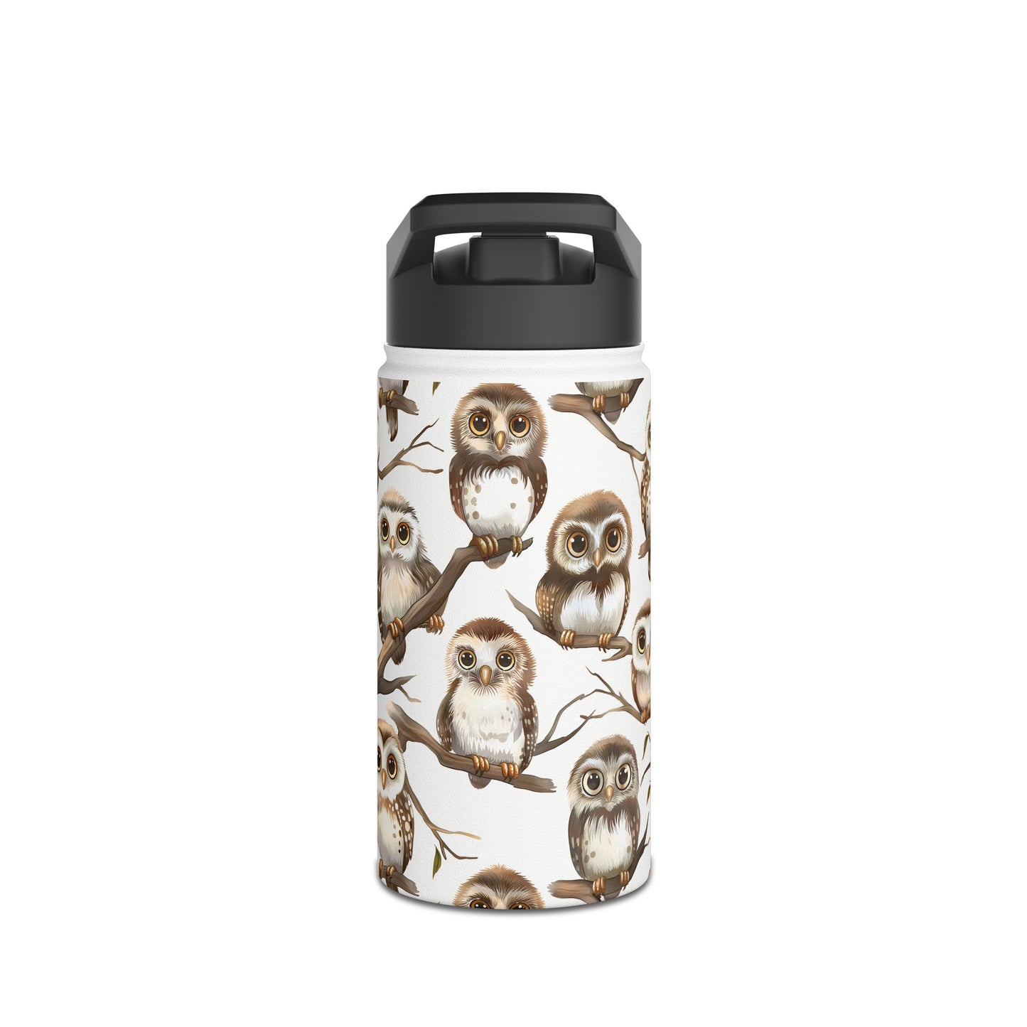 Insulated Water Bottle, 12oz, Cute Owlets - Double Walled Stainless Steel Thermos, Keeps Drinks Hot or Cold