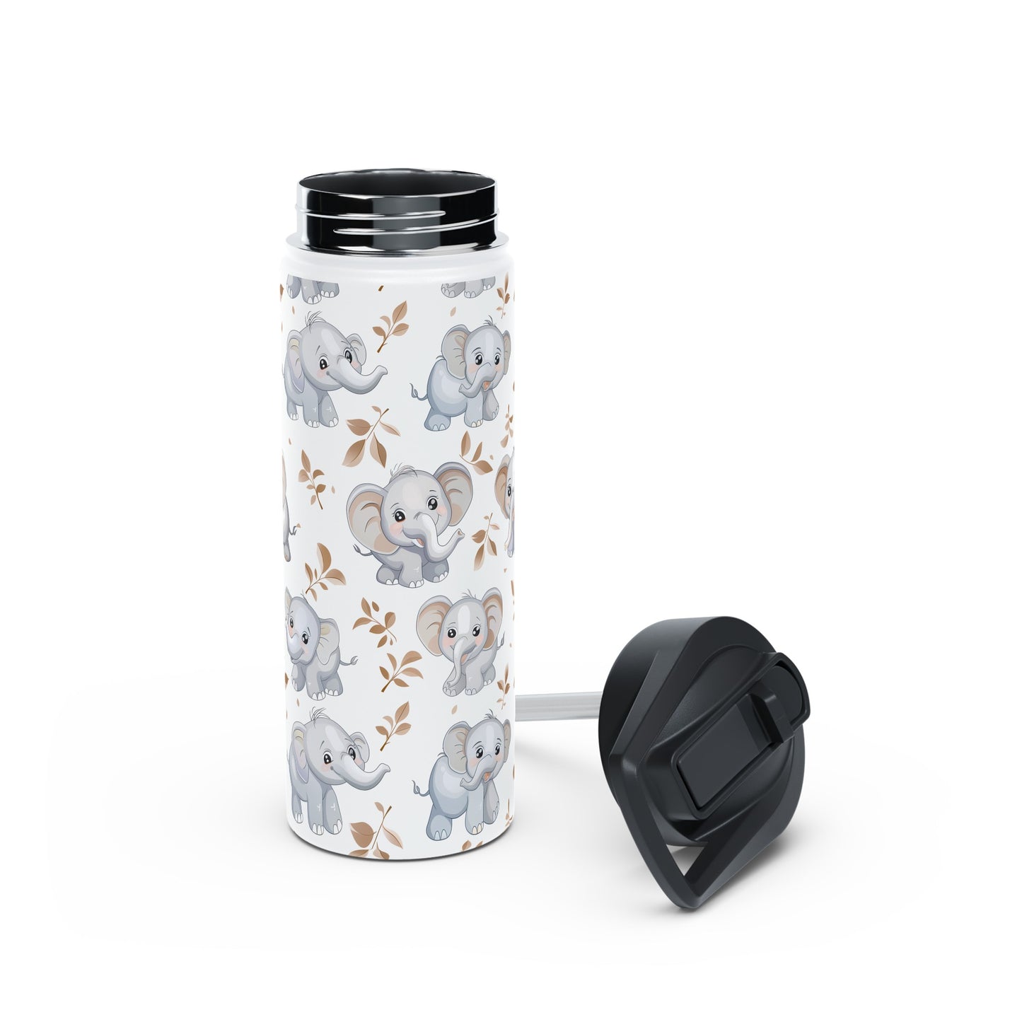 Insulated Water Bottle Thermos, 18oz, Cute Baby Elephants - Double Walled Stainless Steel, Keeps Drinks Hot or Cold