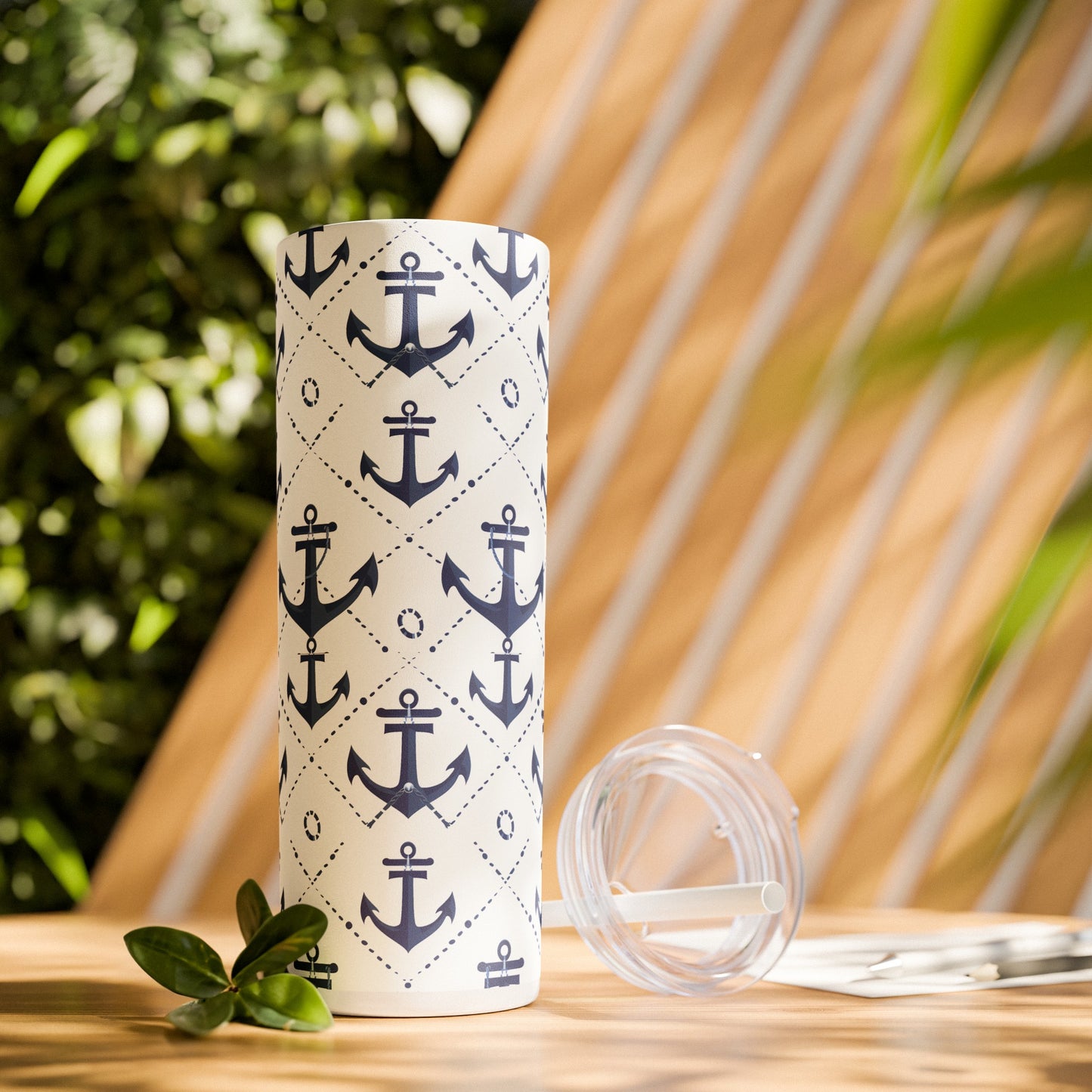 Stainless Steel Tumbler with Lid & Straw, 20 oz (Nautical Navy Anchors) Double-walled, Keeps Drinks Hot or Cold