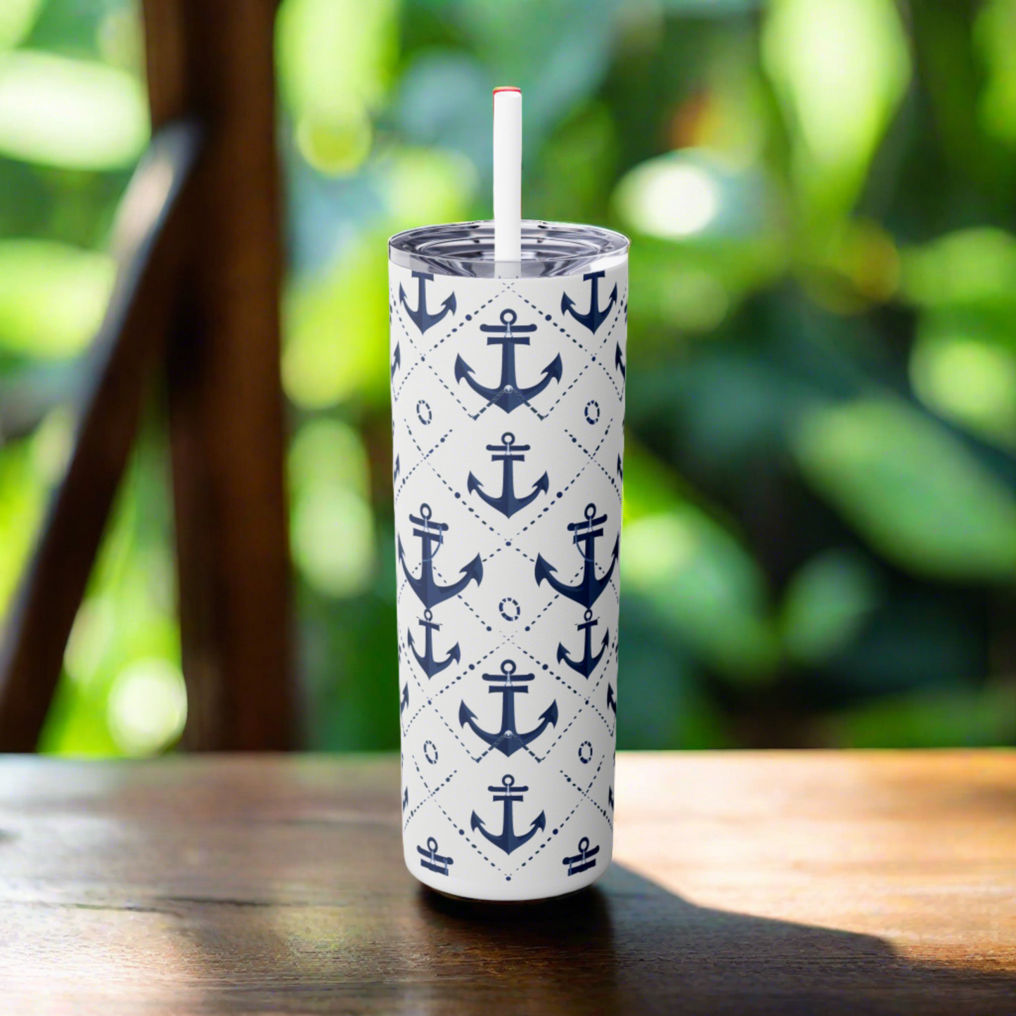 Stainless Steel Tumbler with Lid & Straw, 20 oz (Nautical Navy Anchors) Double-walled, Keeps Drinks Hot or Cold