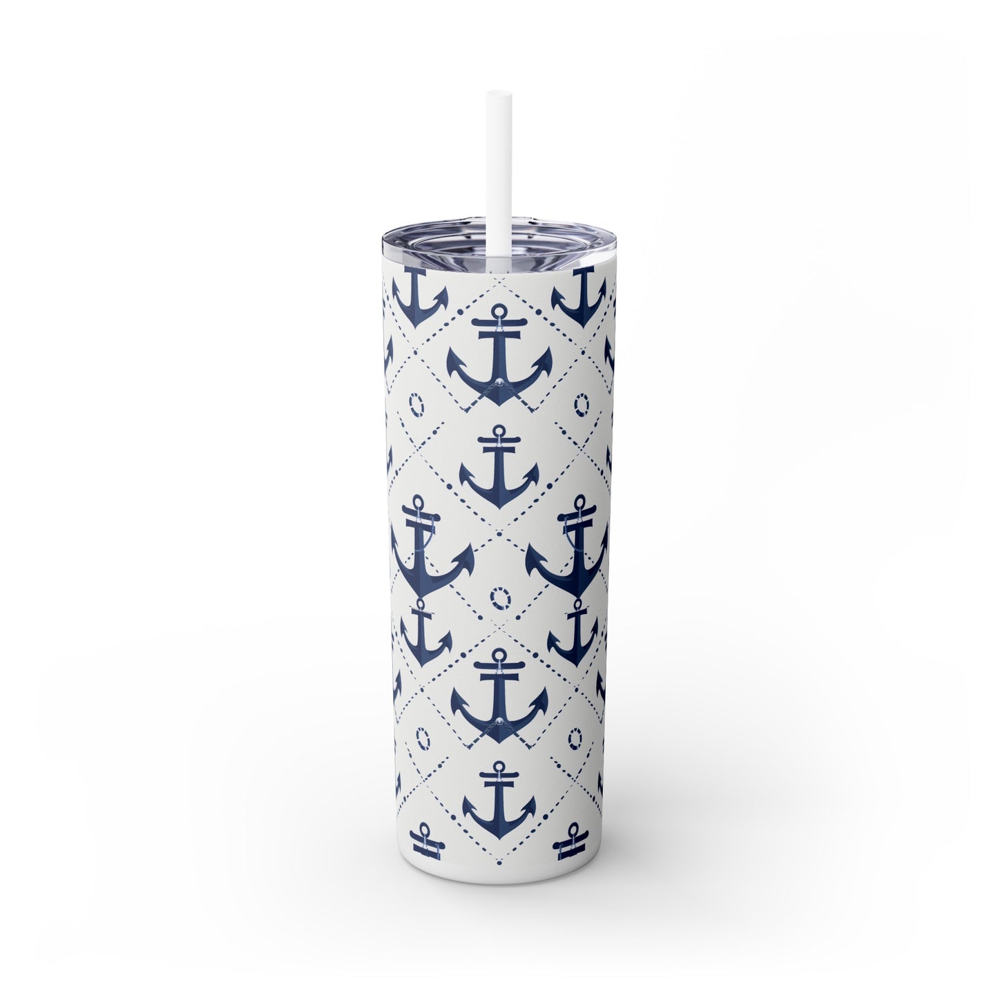 Stainless Steel Tumbler with Lid & Straw, 20 oz (Nautical Navy Anchors) Double-walled, Keeps Drinks Hot or Cold