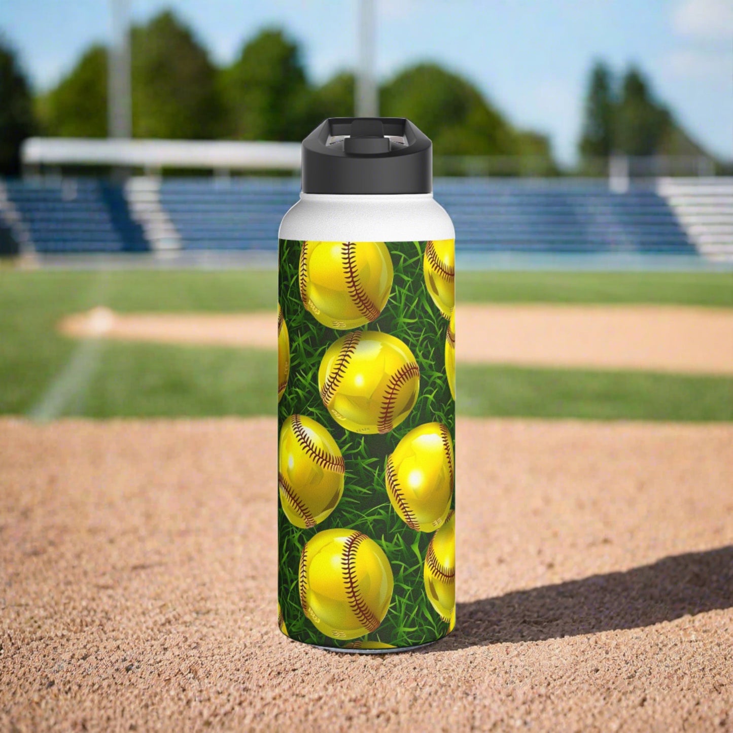Stainless Steel Water Bottle Thermos, 32oz, 3D Softball - Double Wall Insulation Keeps Drinks Hot or Cold