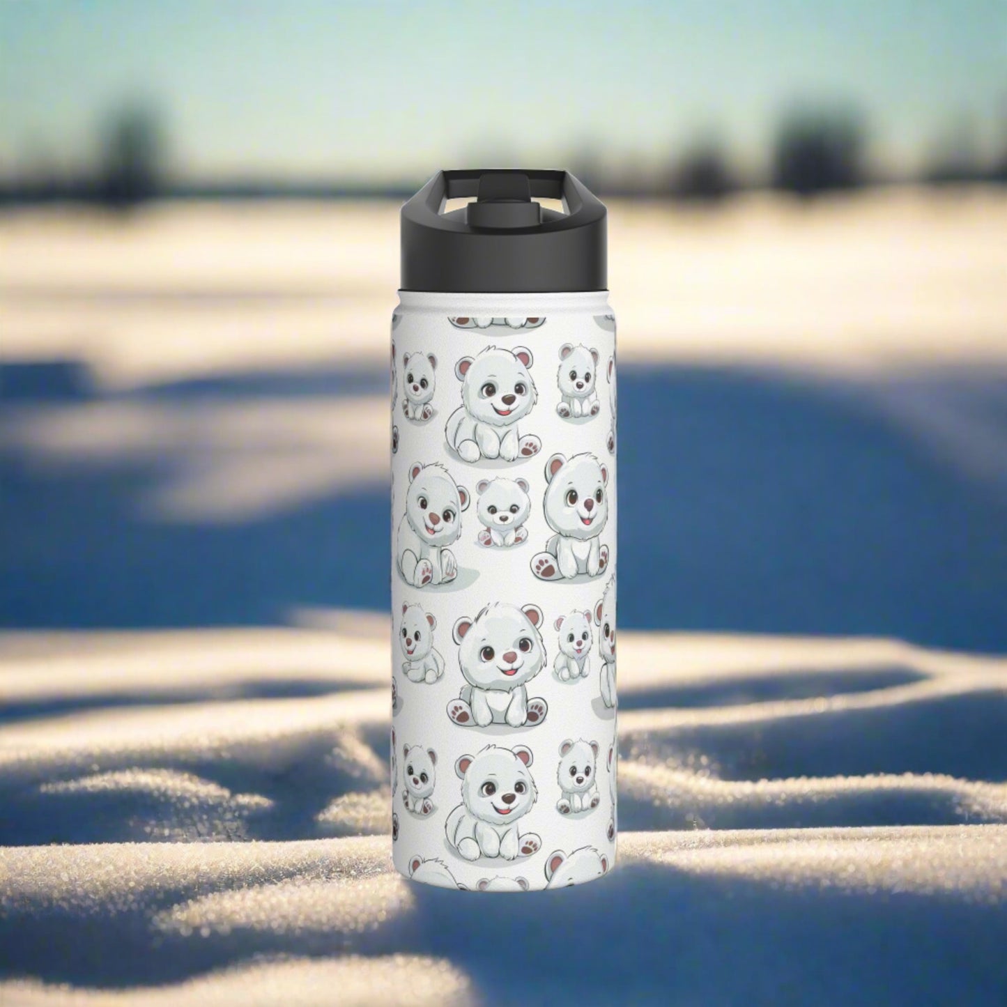 Insulated Water Bottle Thermos, 18oz, Cute Polar Bear Cubs - Double Walled Stainless Steel, Keeps Drinks Hot or Cold