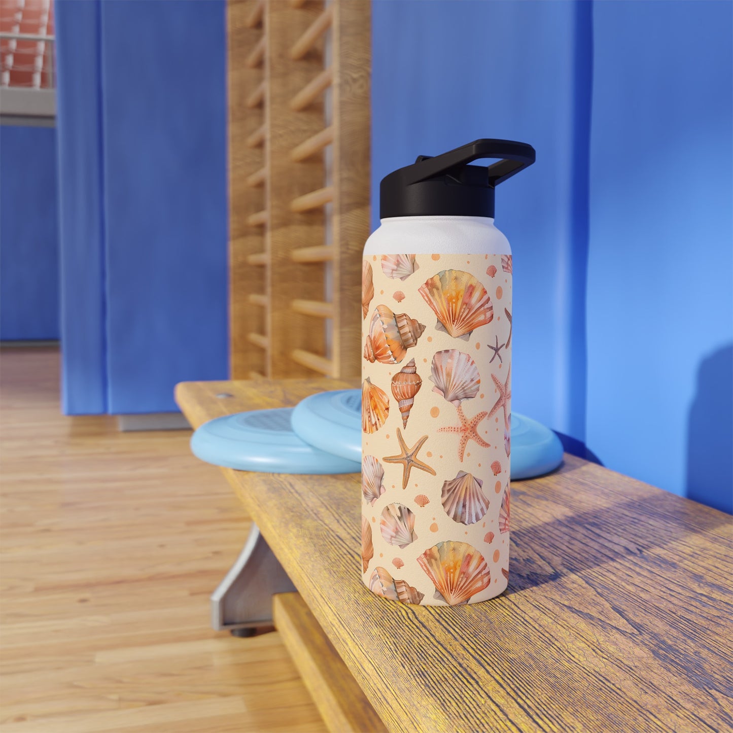 Stainless Steel Water Bottle Thermos, 32oz, Sand Seashells Starfish - Double Wall Insulation Keeps Drinks Hot or Cold