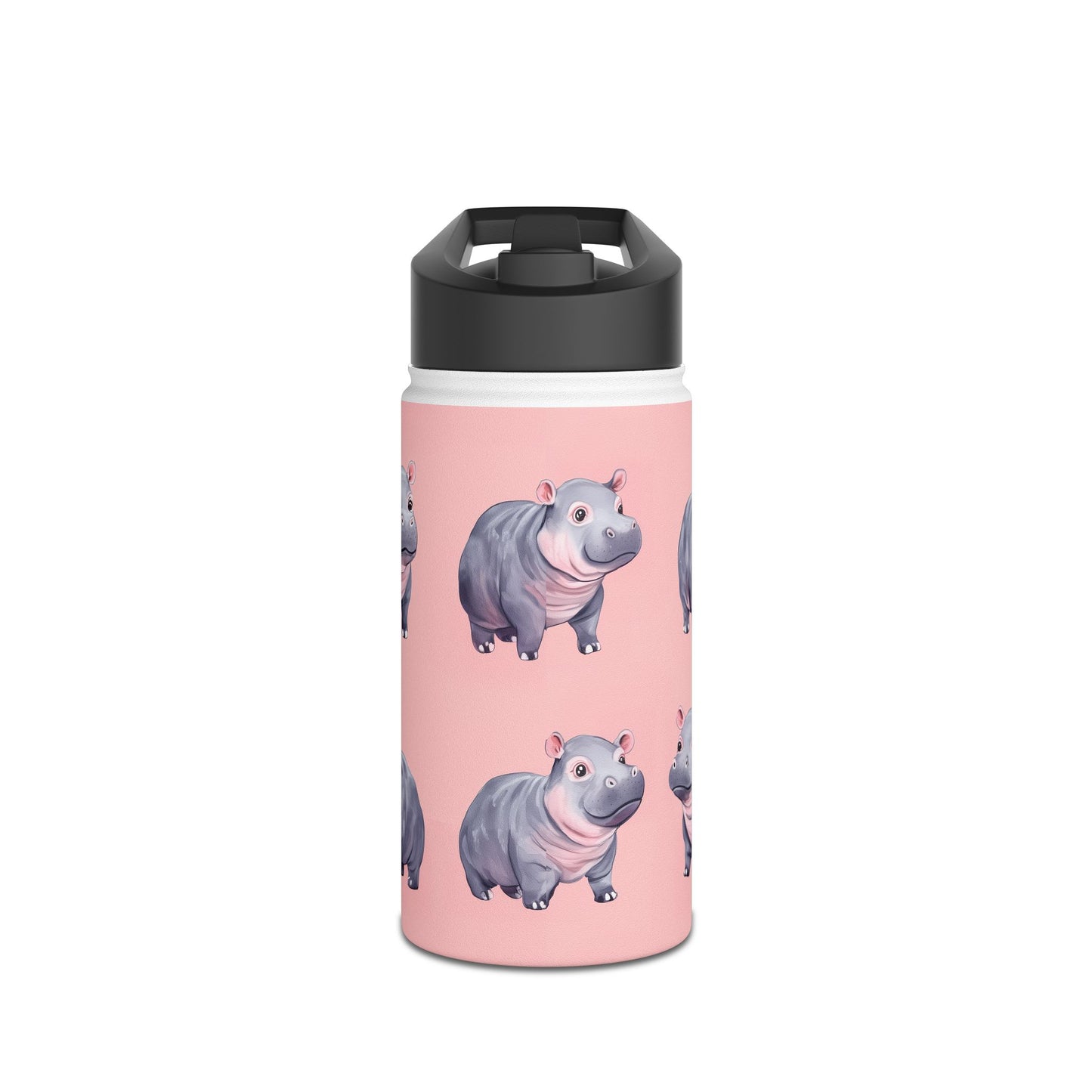 Insulated Water Bottle, 12oz, Cute Baby Pygmy Hippo - Double Walled Stainless Steel, Keeps Drinks Hot or Cold