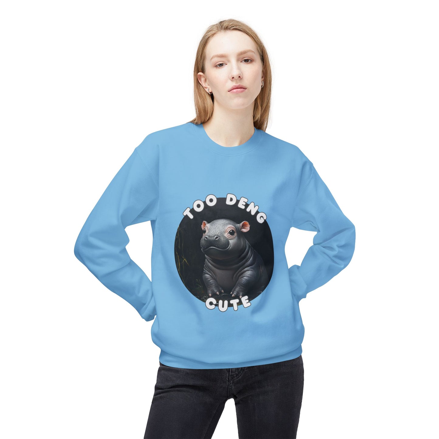 Unisex Fleece Crewneck Sweatshirt - Too Deng Cute Moo Deng Hippo, Cozy Cotton Blend, Classic Relaxed Fit