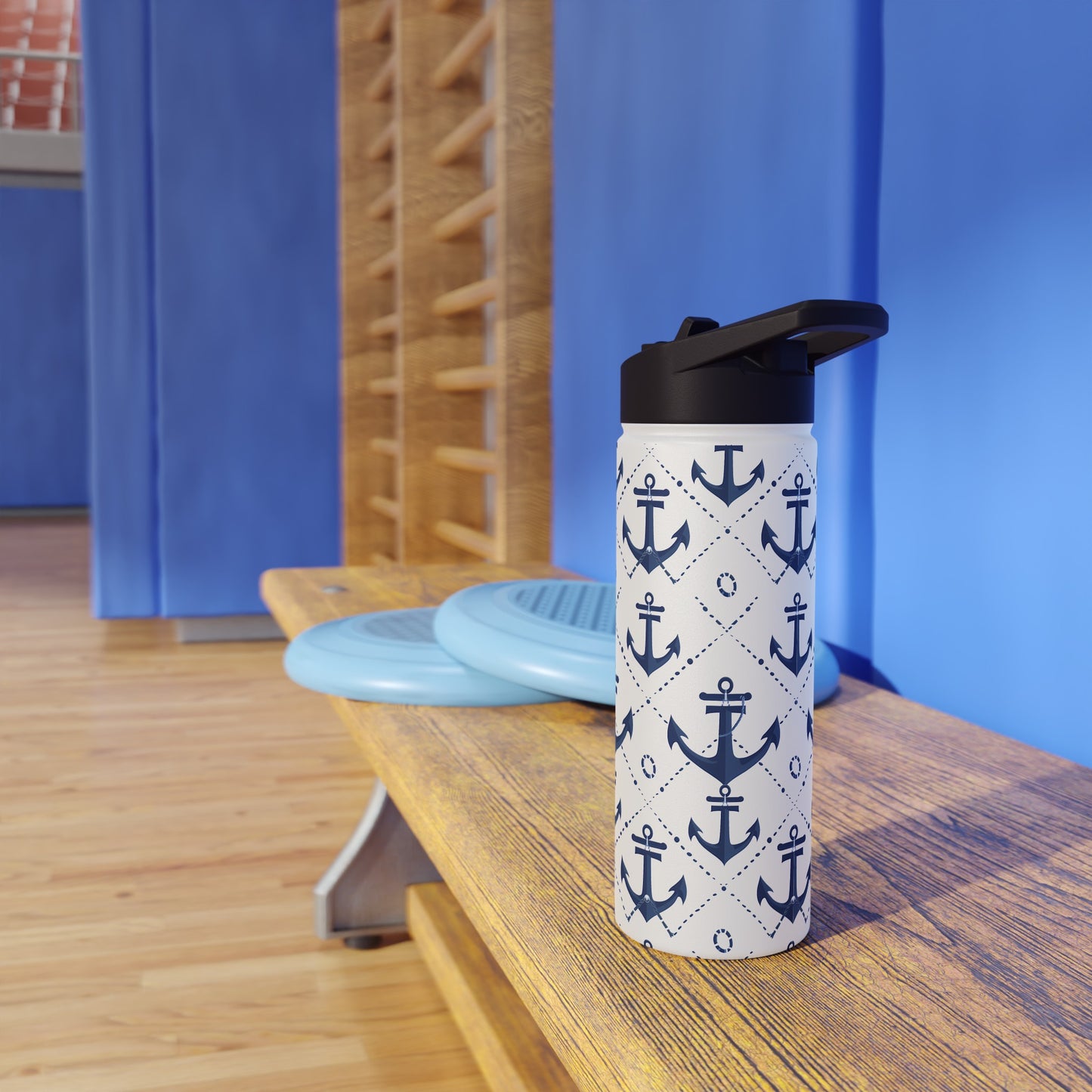 Stainless Steel Water Bottle Thermos, 18oz, Nautical Anchors - Double Wall Insulation Keeps Drinks Hot or Cold