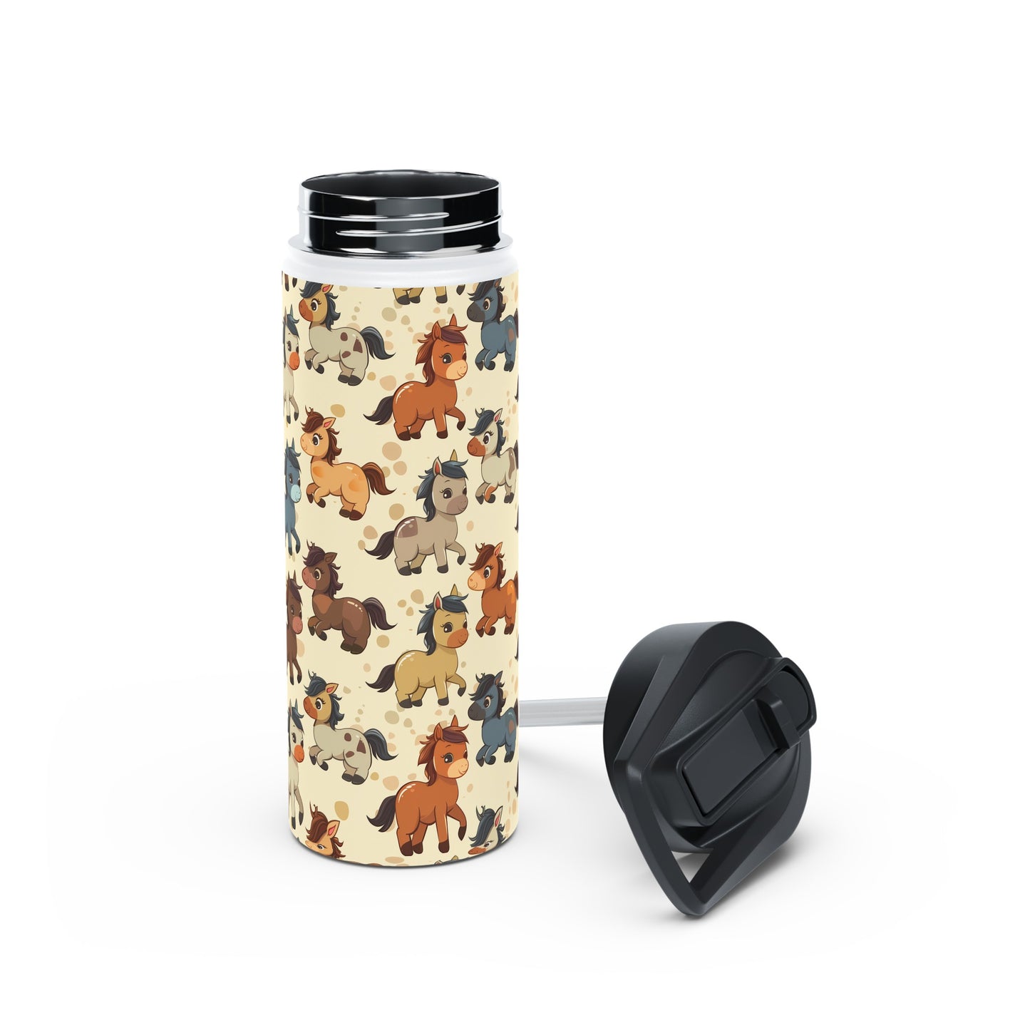 Insulated Water Bottle Thermos, 18oz, Cute Baby Horses - Double Walled Stainless Steel, Keeps Drinks Hot or Cold