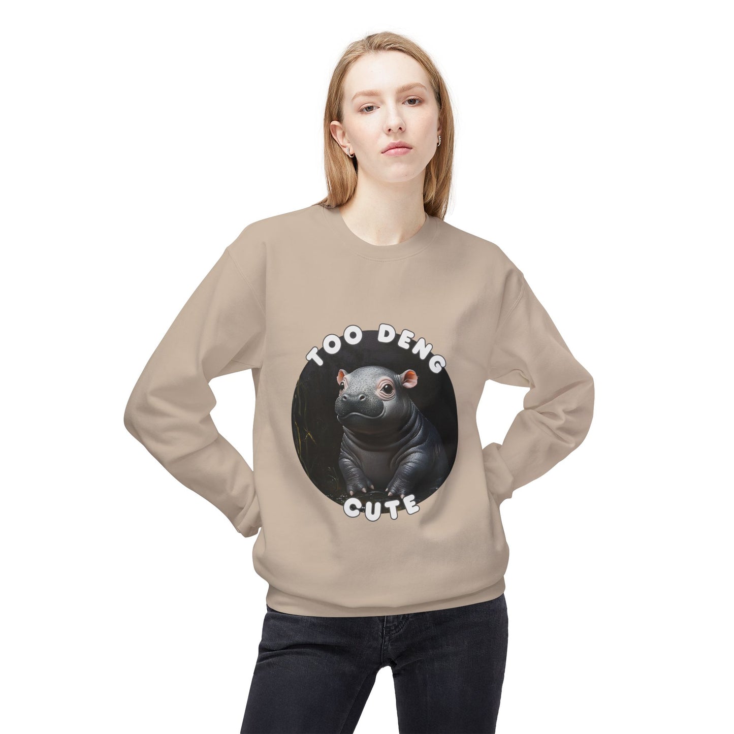 Unisex Fleece Crewneck Sweatshirt - Too Deng Cute Moo Deng Hippo, Cozy Cotton Blend, Classic Relaxed Fit