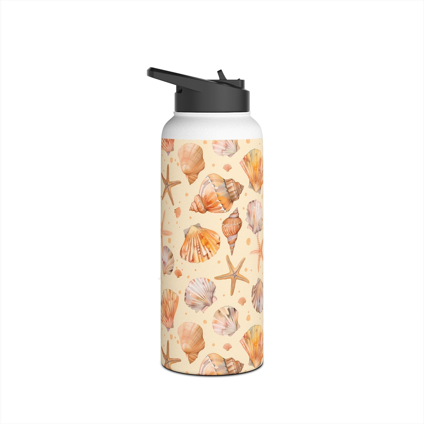 Stainless Steel Water Bottle Thermos, 32oz, Sand Seashells Starfish - Double Wall Insulation Keeps Drinks Hot or Cold