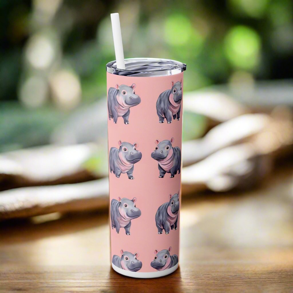 Insulated 20 oz Tumbler with Lid & Straw, Cute Pygmy Hippos - Double-walled Stainless Steel, Keeps Drinks Hot or Cold