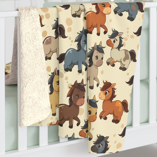 Sherpa Fleece Blanket with Cute Baby Horses Design, 50×60" Cozy Blanket