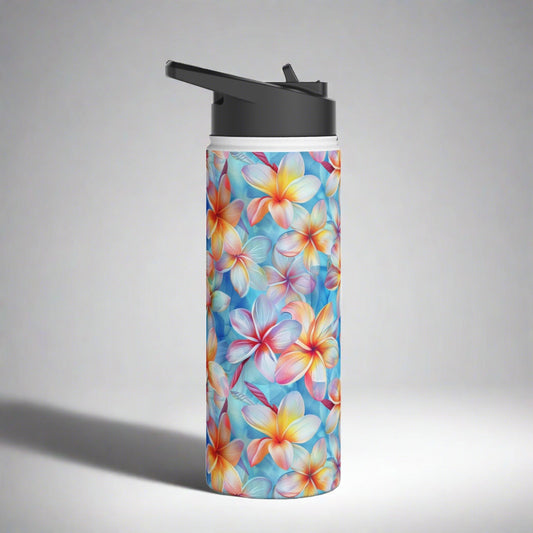 Stainless Steel Water Bottle Thermos, 18oz, Liberty Print Plumeria - Double Wall Insulation Keeps Drinks Hot or Cold