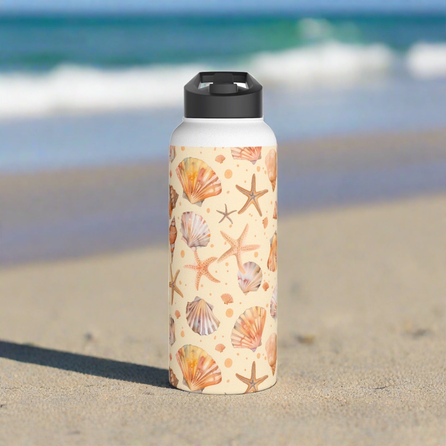 Stainless Steel Water Bottle Thermos, 32oz, Sand Seashells Starfish - Double Wall Insulation Keeps Drinks Hot or Cold