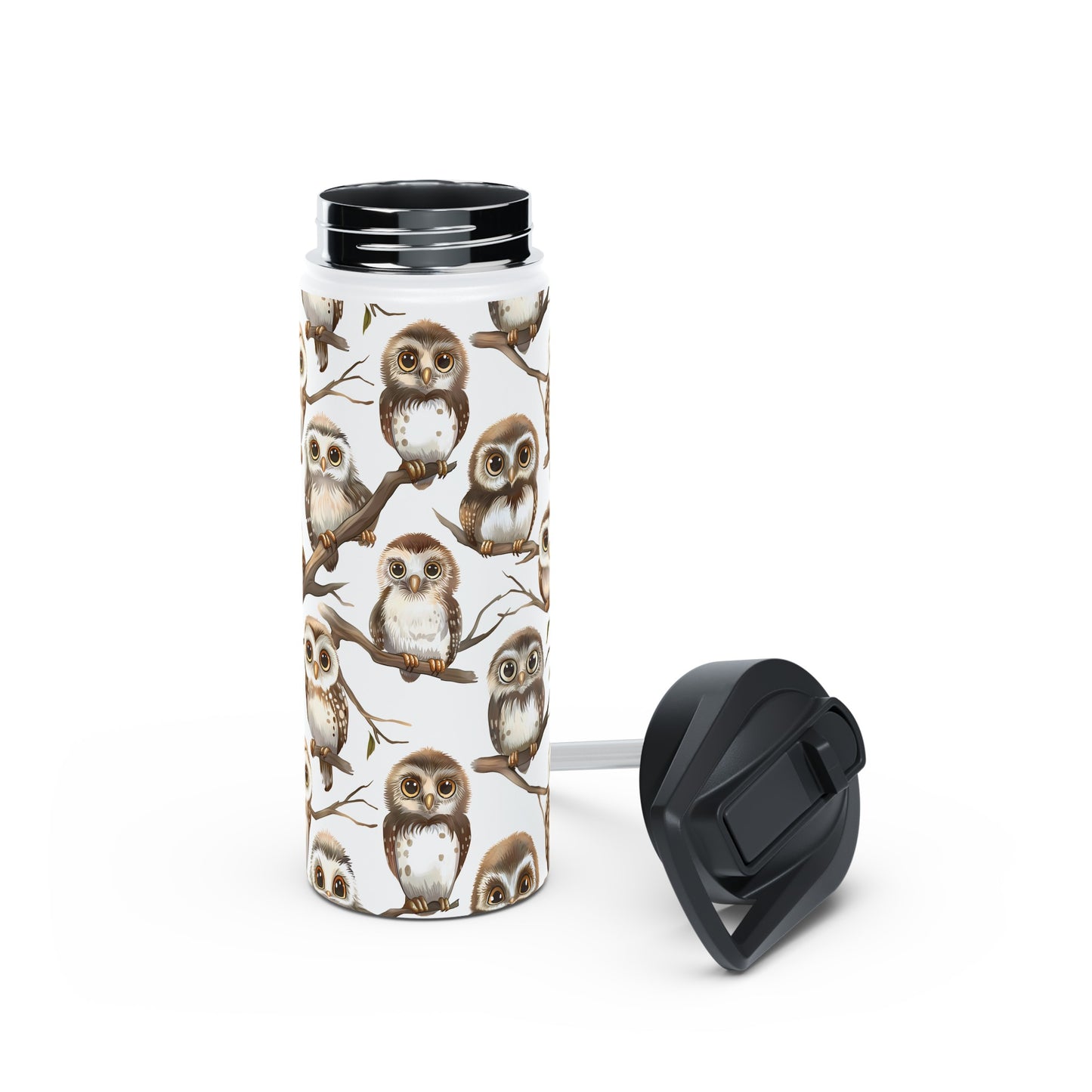 Insulated Water Bottle Thermos, 18oz, Cute Owlets - Double Walled Stainless Steel, Keeps Drinks Hot or Cold