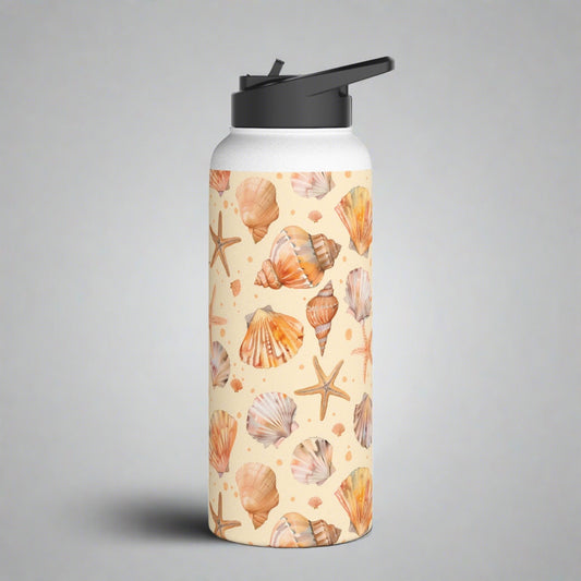 Stainless Steel Water Bottle Thermos, 32oz, Sand Seashells Starfish - Double Wall Insulation Keeps Drinks Hot or Cold