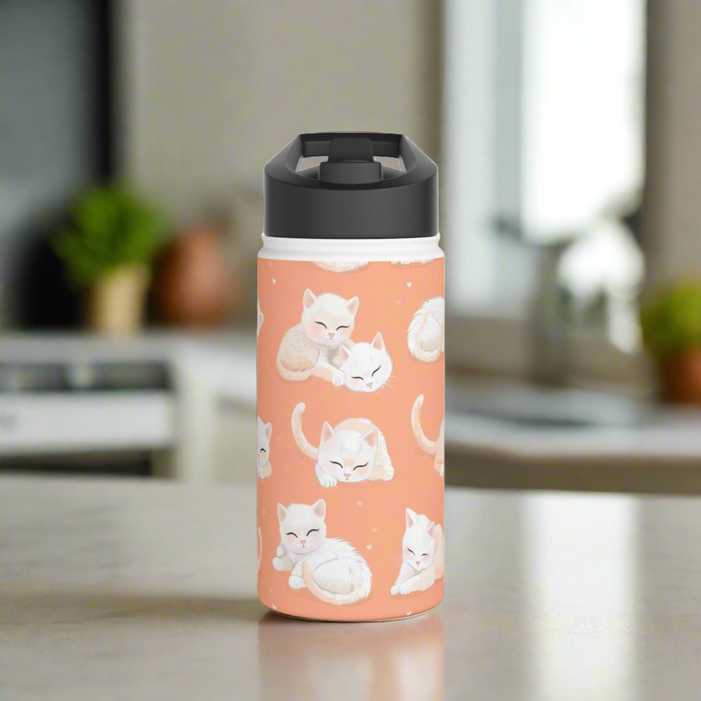 Insulated Water Bottle, 12oz, Cute Kittens - Double Walled Stainless Steel Thermos, Keeps Drinks Hot or Cold