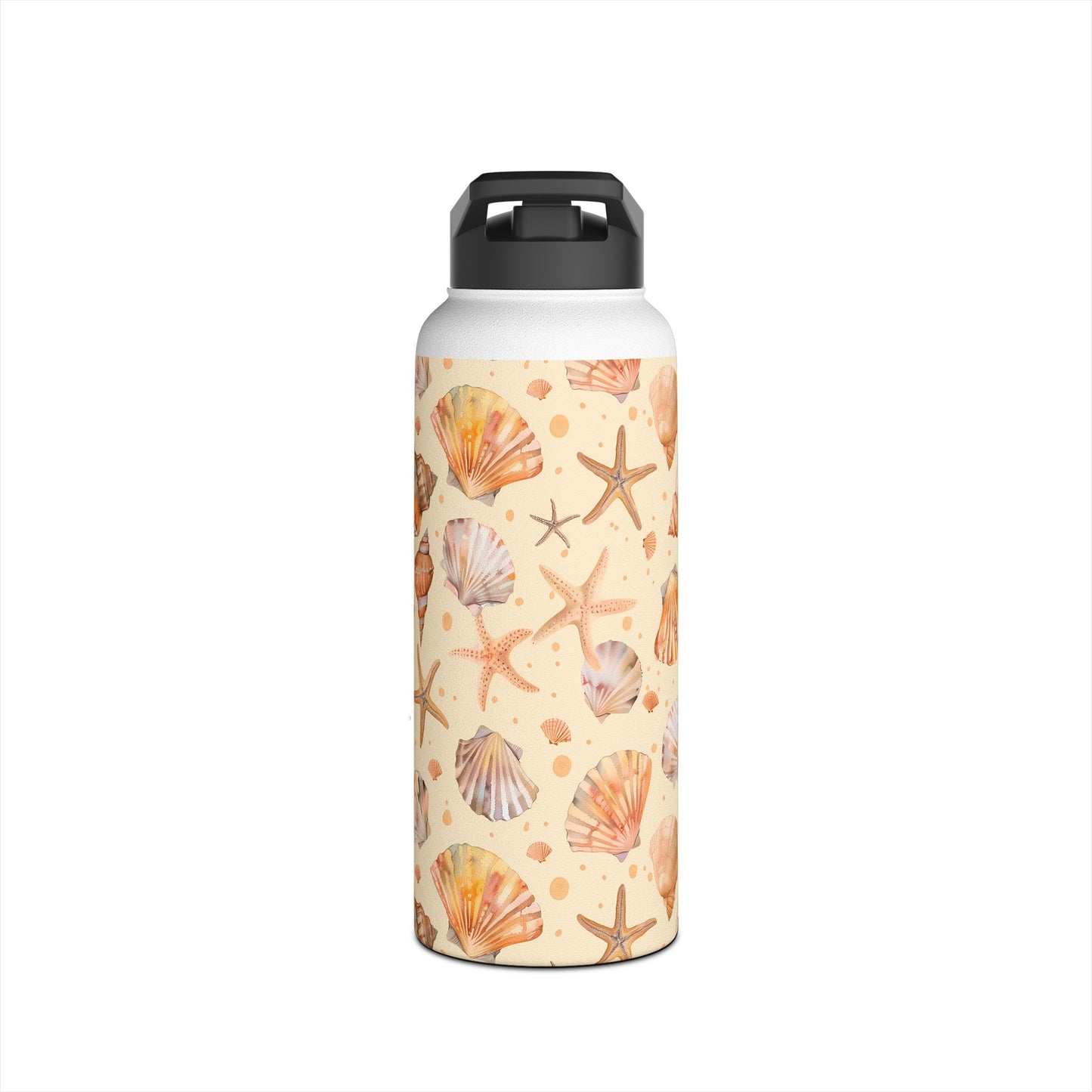 Stainless Steel Water Bottle Thermos, 32oz, Sand Seashells Starfish - Double Wall Insulation Keeps Drinks Hot or Cold