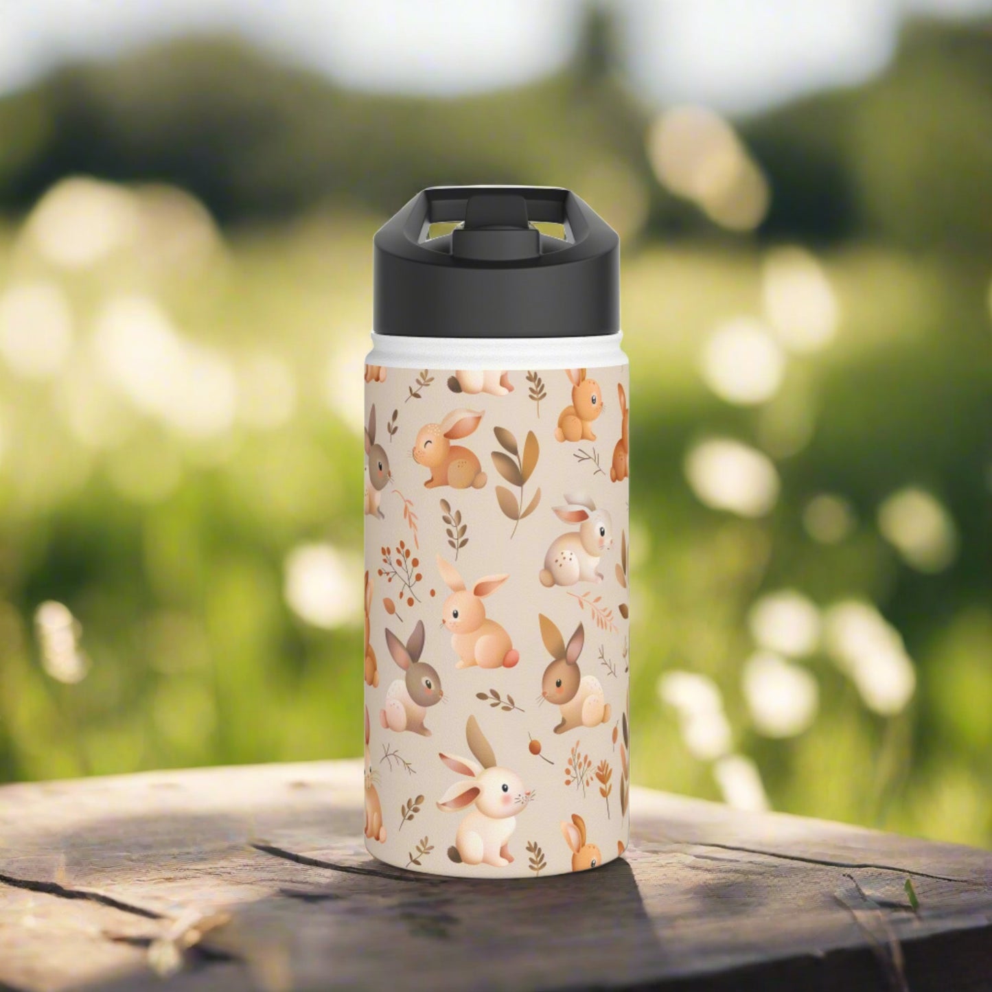 Insulated Water Bottle, 12oz, Cute Bunny Rabbits - Double Walled Stainless Steel Thermos, Keeps Drinks Hot or Cold