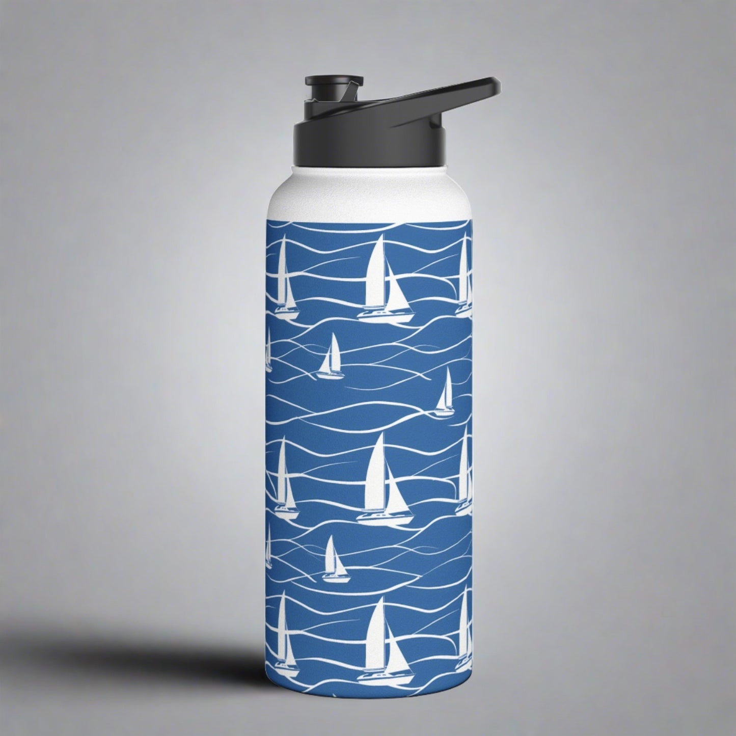 Stainless Steel Water Bottle Thermos, 32oz, Sailboats - Double Wall Insulation Keeps Drinks Hot or Cold