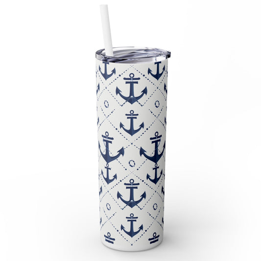 Stainless Steel Tumbler with Lid & Straw, 20 oz (Nautical Navy Anchors) Double-walled, Keeps Drinks Hot or Cold