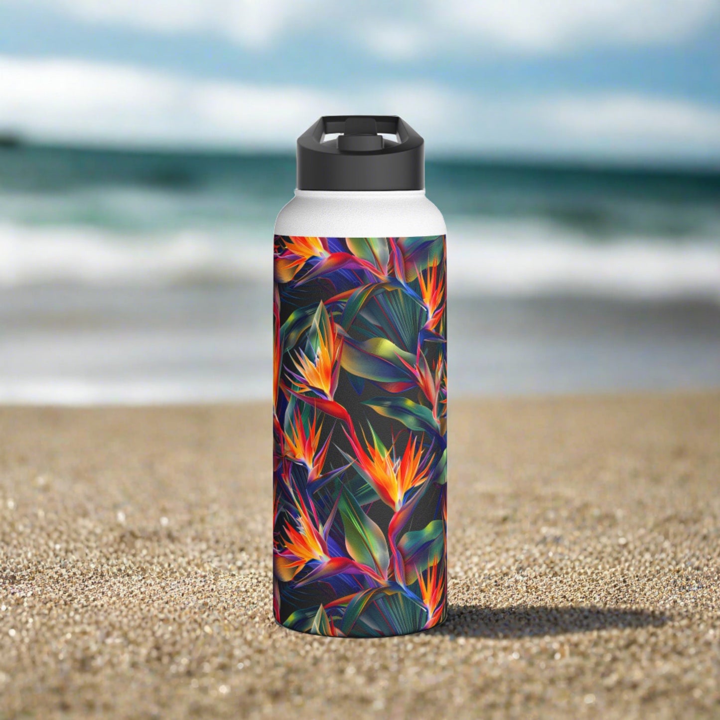 Stainless Steel Water Bottle Thermos, 32oz, Birds of Paradise - Double Wall Insulation Keeps Drinks Hot or Cold