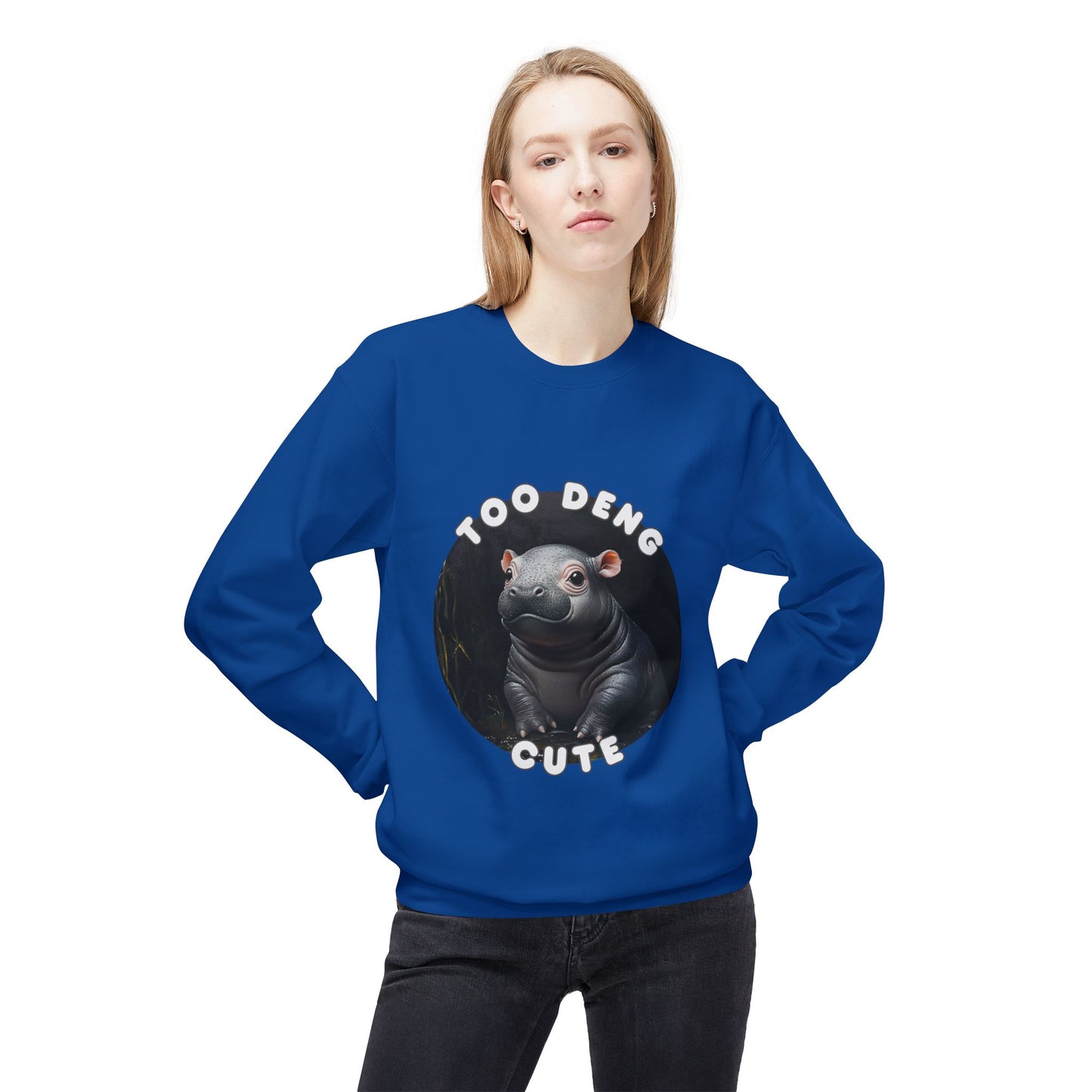 Unisex Fleece Crewneck Sweatshirt - Too Deng Cute Moo Deng Hippo, Cozy Cotton Blend, Classic Relaxed Fit