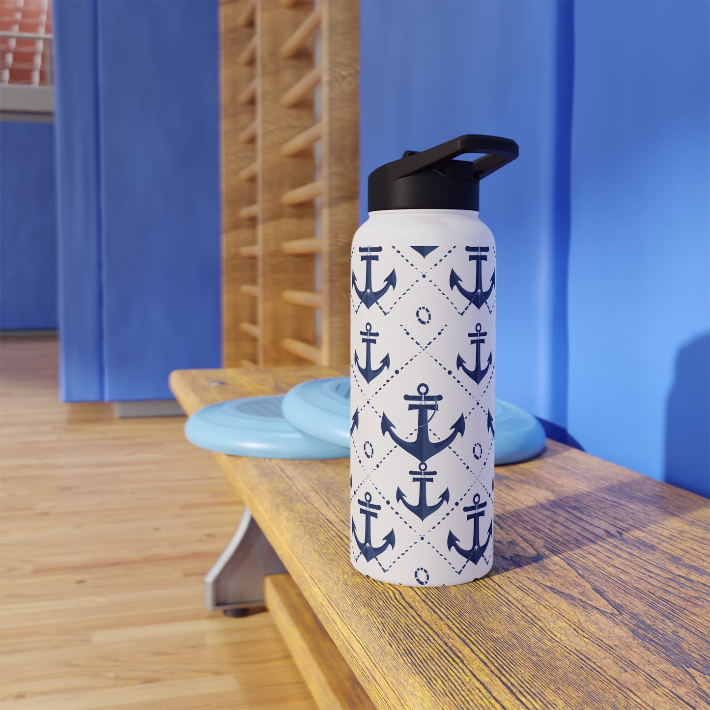 Stainless Steel Water Bottle Thermos, 32oz, Nautical Anchors - Double Wall Insulation Keeps Drinks Hot or Cold