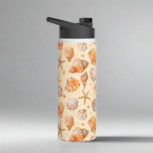 Stainless Steel Water Bottle Thermos, 18oz, Sand Seashells Starfish - Double Wall Insulation Keeps Drinks Hot or Cold