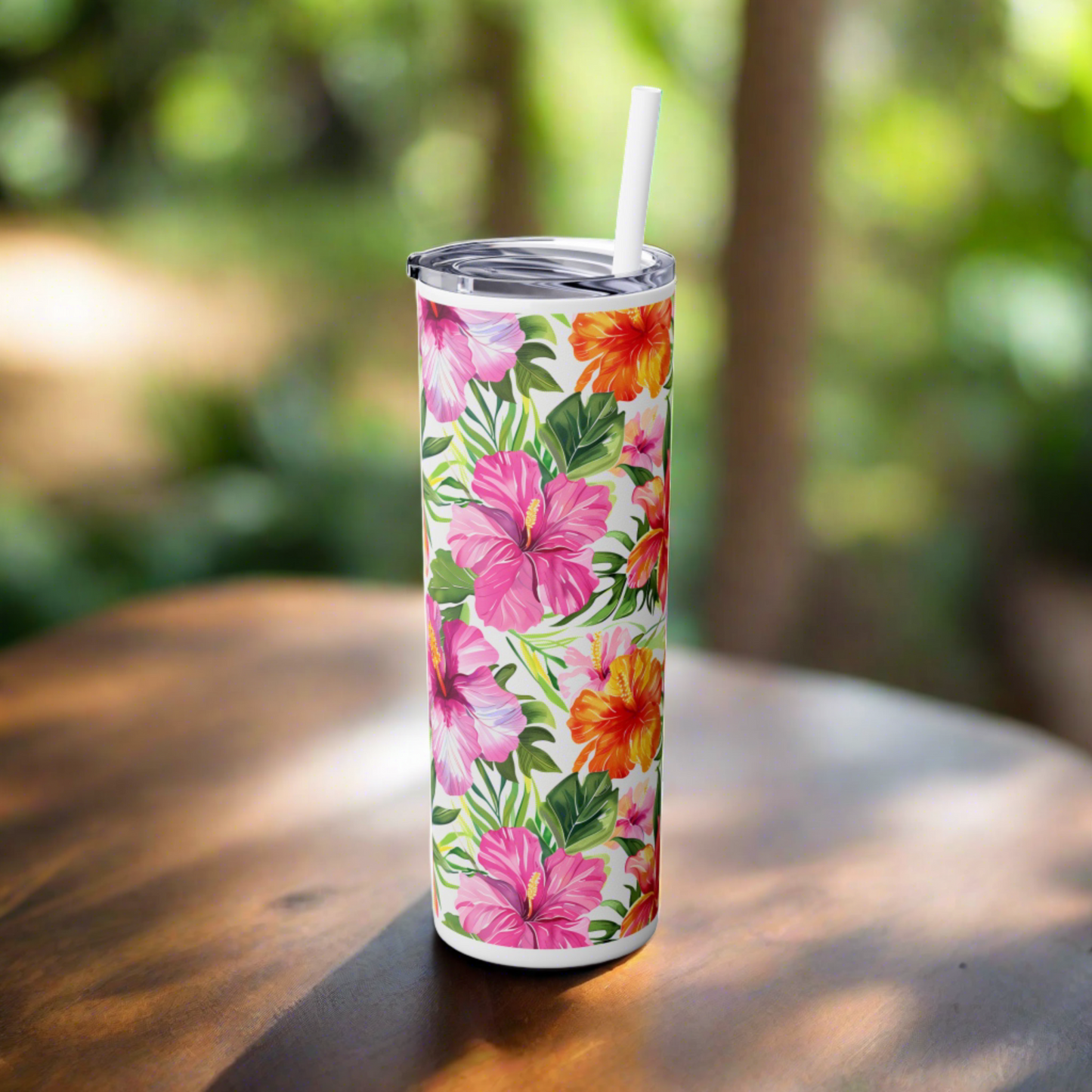 Stainless Steel Tumbler with Lid & Straw, 20 oz (Tropical Hibiscus) Double-walled, Keeps Drinks Hot or Cold