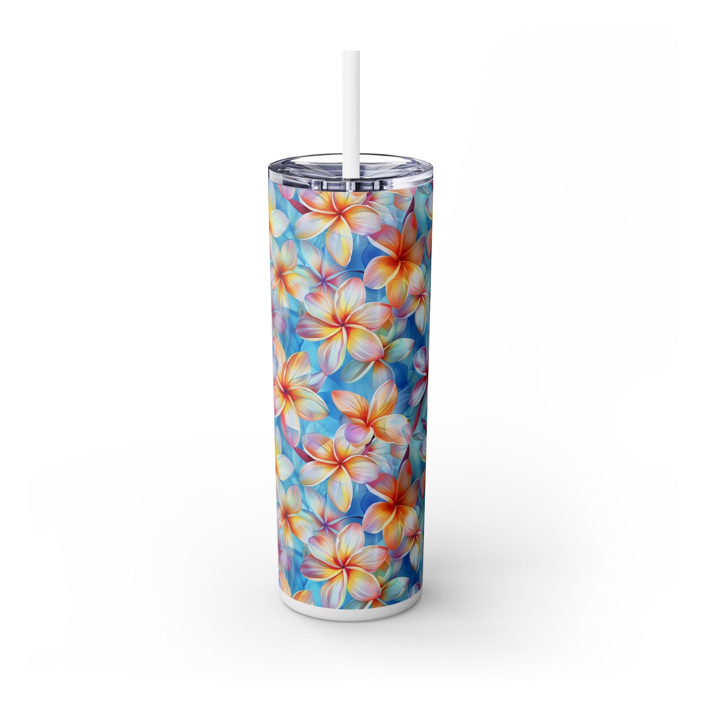 Stainless Steel Tumbler with Lid & Straw, 20 oz (Plumeria Liberty Print) Double-walled, Keeps Drinks Hot or Cold