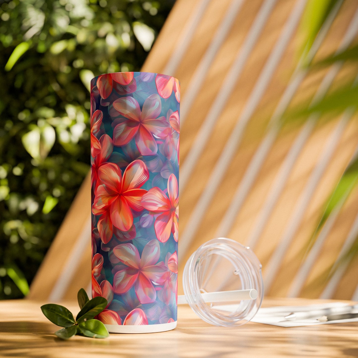 Stainless Steel Tumbler with Lid & Straw, 20 oz (Vibrant Plumeria Floral) Double-walled, Keeps Drinks Hot or Cold