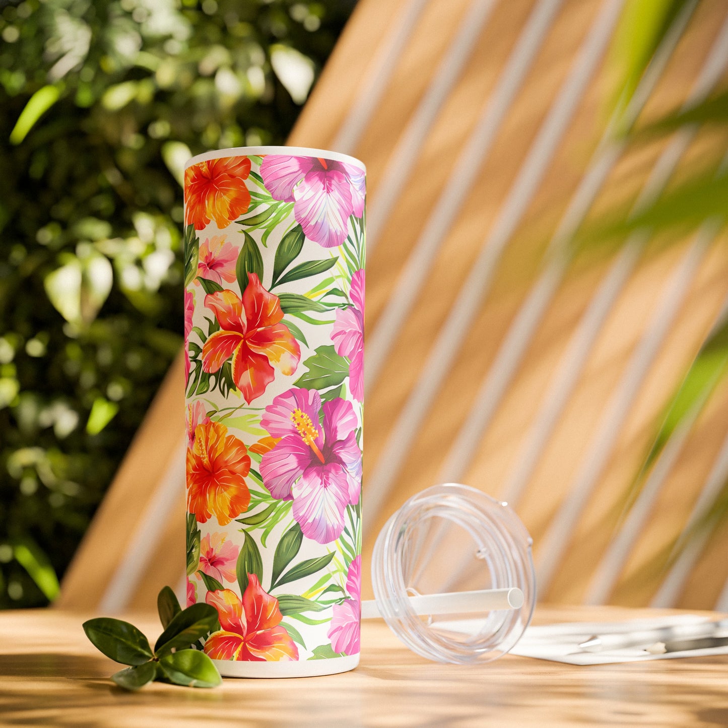 Stainless Steel Tumbler with Lid & Straw, 20 oz (Tropical Hibiscus) Double-walled, Keeps Drinks Hot or Cold