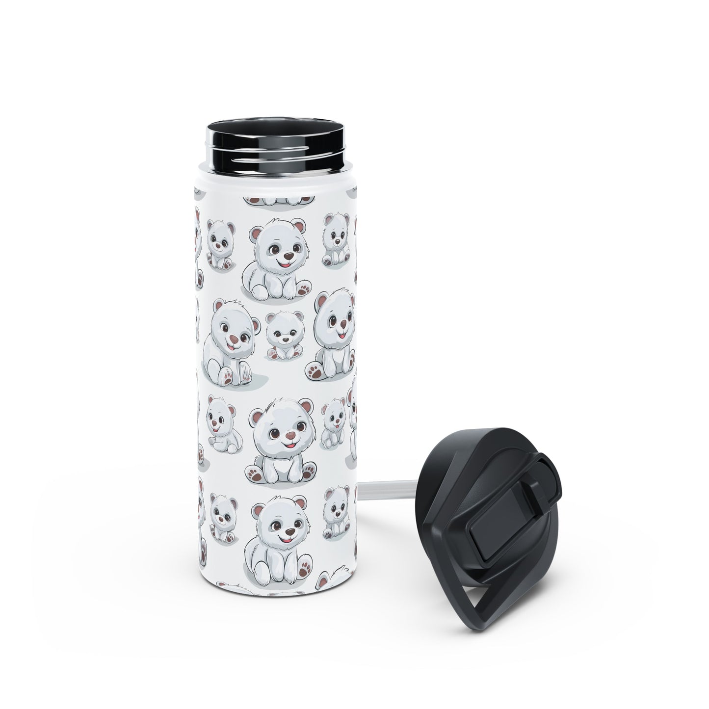 Insulated Water Bottle Thermos, 18oz, Cute Polar Bear Cubs - Double Walled Stainless Steel, Keeps Drinks Hot or Cold