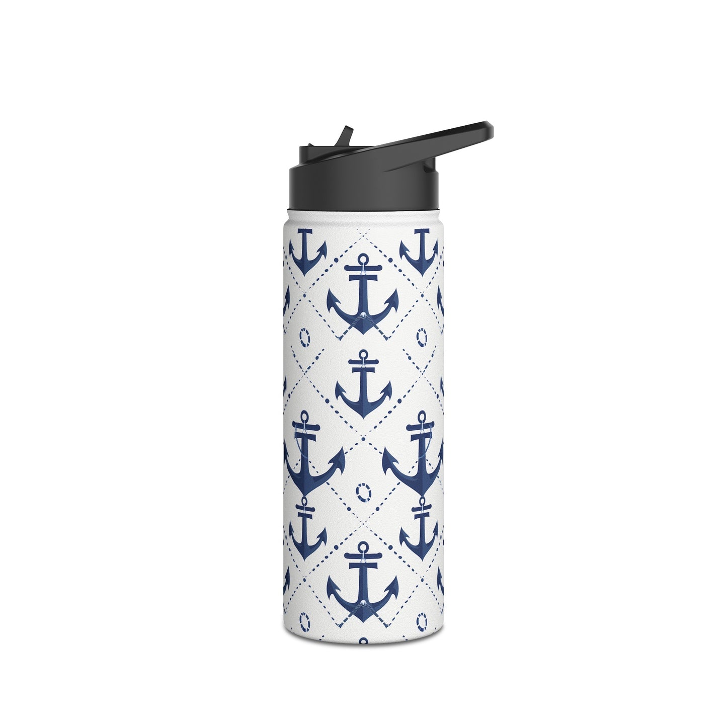 Stainless Steel Water Bottle Thermos, 18oz, Nautical Anchors - Double Wall Insulation Keeps Drinks Hot or Cold