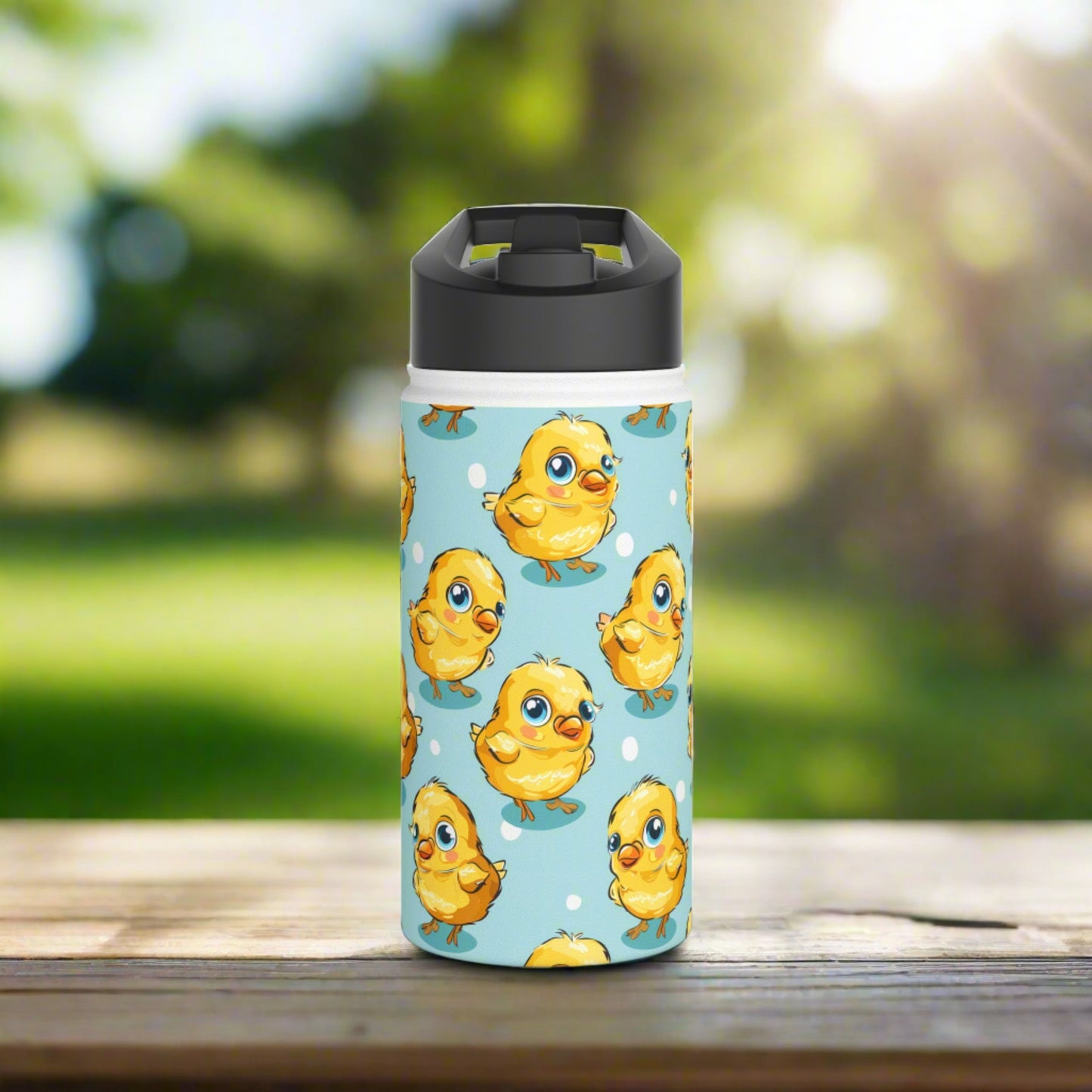 Insulated Water Bottle, 12oz, Cute Baby Chicks - Double Walled Stainless Steel Thermos, Keeps Drinks Hot or Cold
