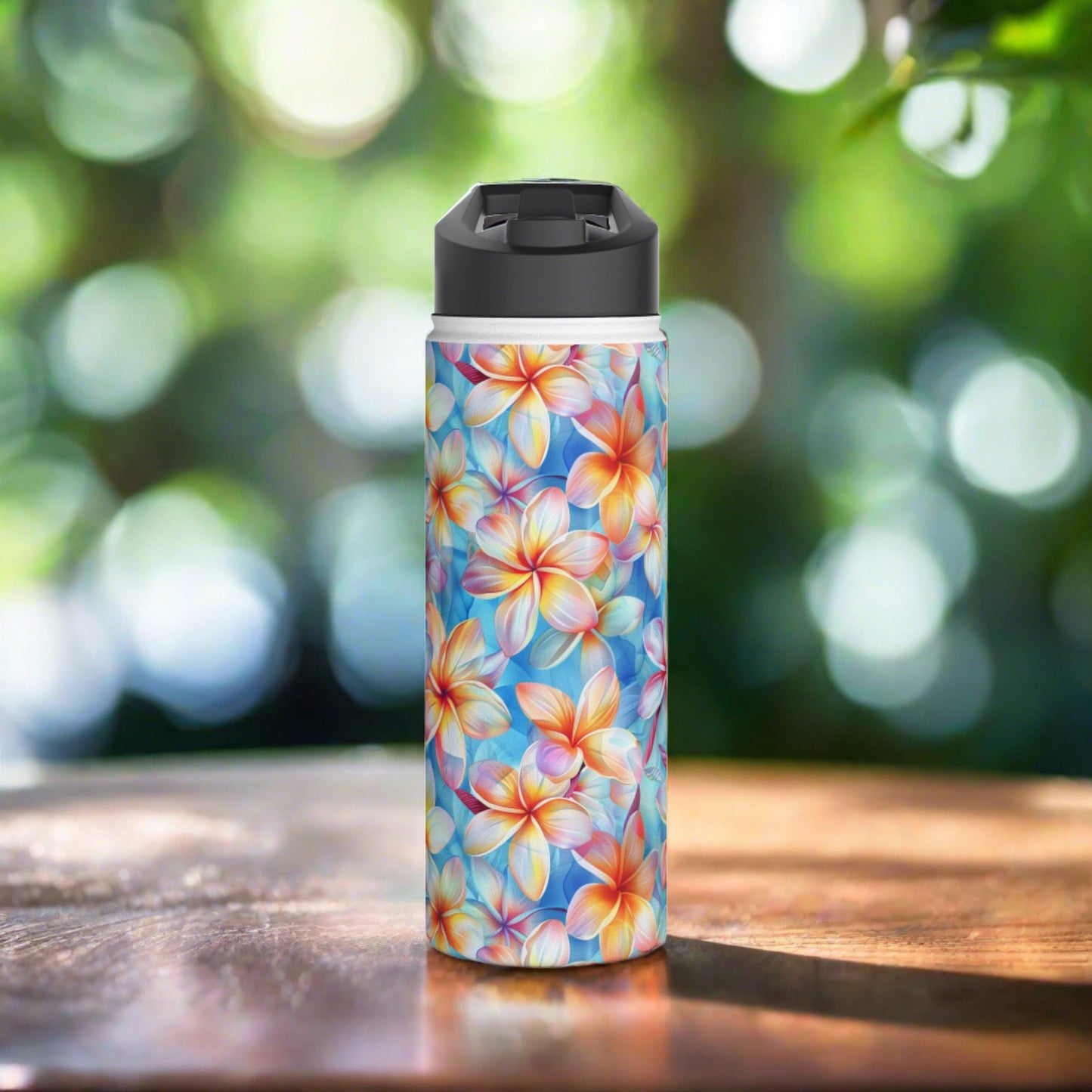 Stainless Steel Water Bottle Thermos, 18oz, Liberty Print Plumeria - Double Wall Insulation Keeps Drinks Hot or Cold