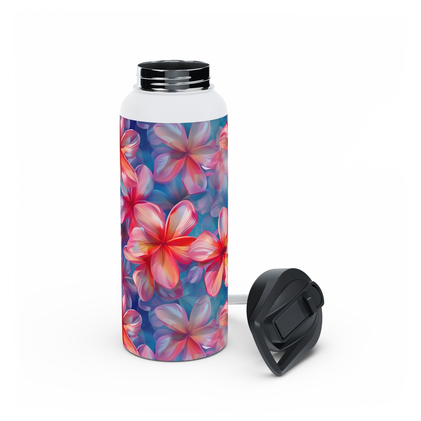 Stainless Steel Water Bottle Thermos, 32oz, Pink Plumeria - Double Wall Insulation Keeps Drinks Hot or Cold