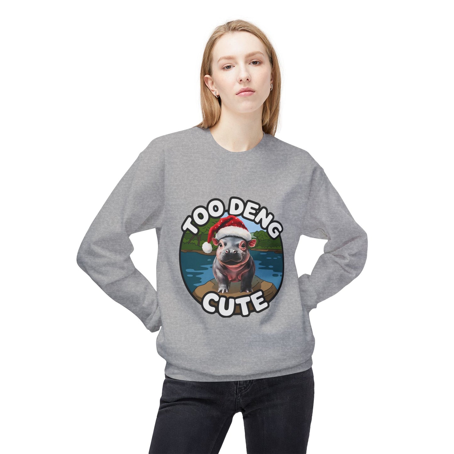 Unisex Midweight Fleece Crewneck Sweatshirt - Cozy Cotton Blend, Eco-Friendly Moo Deng Hippo Design, Classic Relaxed Fit