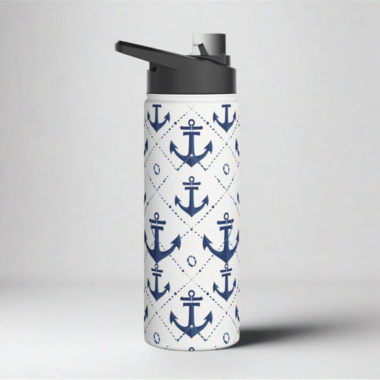 Stainless Steel Water Bottle Thermos, 18oz, Nautical Anchors - Double Wall Insulation Keeps Drinks Hot or Cold