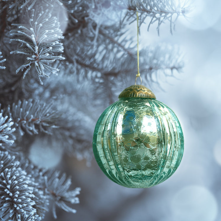 Set of 4 Light Blue Mercury Glass Ornaments (3.15 Inch Grooved Crackle Ball) - Perfect for Christmas Tree, Hanging Holiday Decoration, Gifts & Home Decor