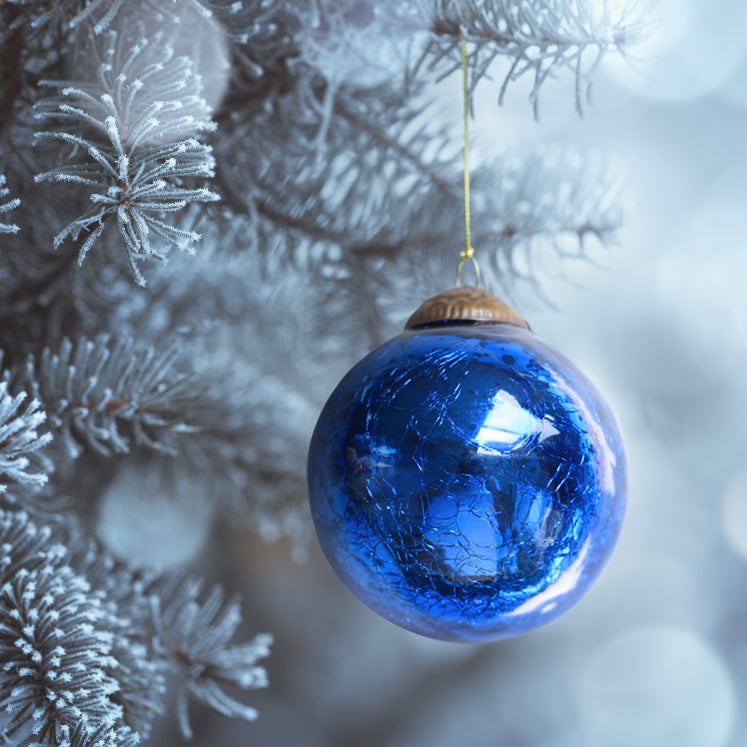 Set of 4 Blue Mercury Glass Ornaments (3.15 Inch Vintage Crackled Ball) -  Perfect for Christmas Tree, Hanging Holiday Decoration, Gifts & Home Decor